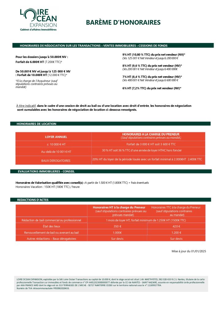 Honoraires barème - Frais de commercialisation LOE www.loireocean-expansion.fr