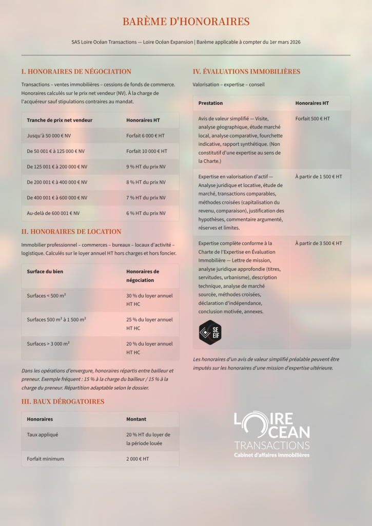 Barème d'honoraires LOIRE OCEAN EXPANSION