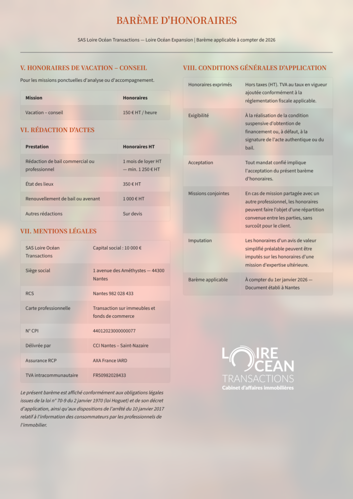 Barème d'honoraires LOIRE OCEAN EXPANSION