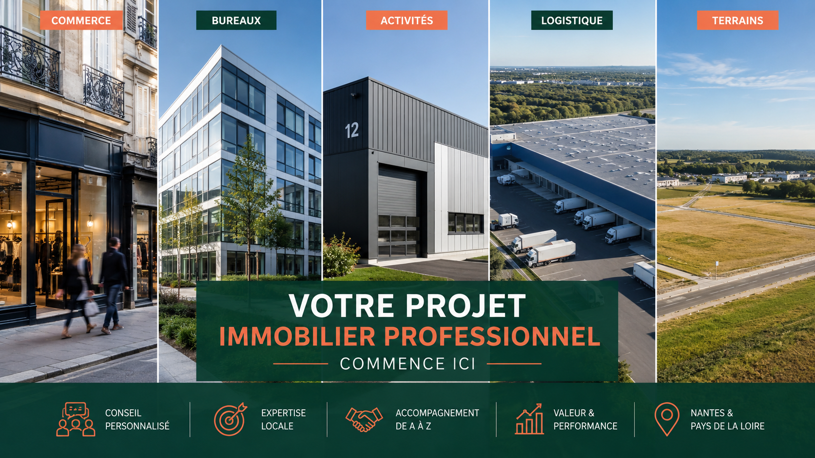 Transaction en immobilier professionnel à Nantes : locaux commerciaux, bureaux, locaux d'activité, logistique et terrains d'entreprise accompagnés par Loire Océan Expansion.