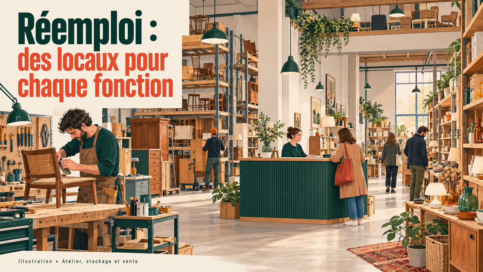 Illustration d’un espace de réemploi réunissant un atelier de réparation de mobilier, des zones de stockage et une boutique.