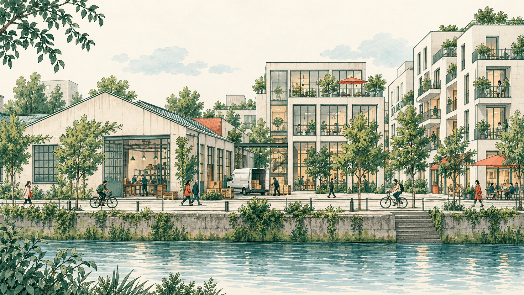 Illustration d’un quartier mixte associant atelier, bureaux, logements et accès de livraison.